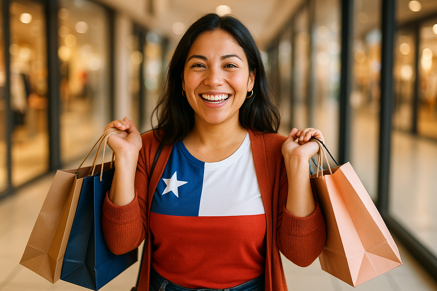 Una imagen de una mujer chilena sonriendo mientras hace compras